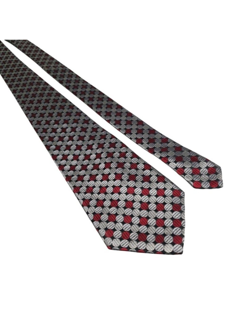 Geoffrey Beene Mens Silk Necktie Gray Maroon Black Circles Handmade Office Work
